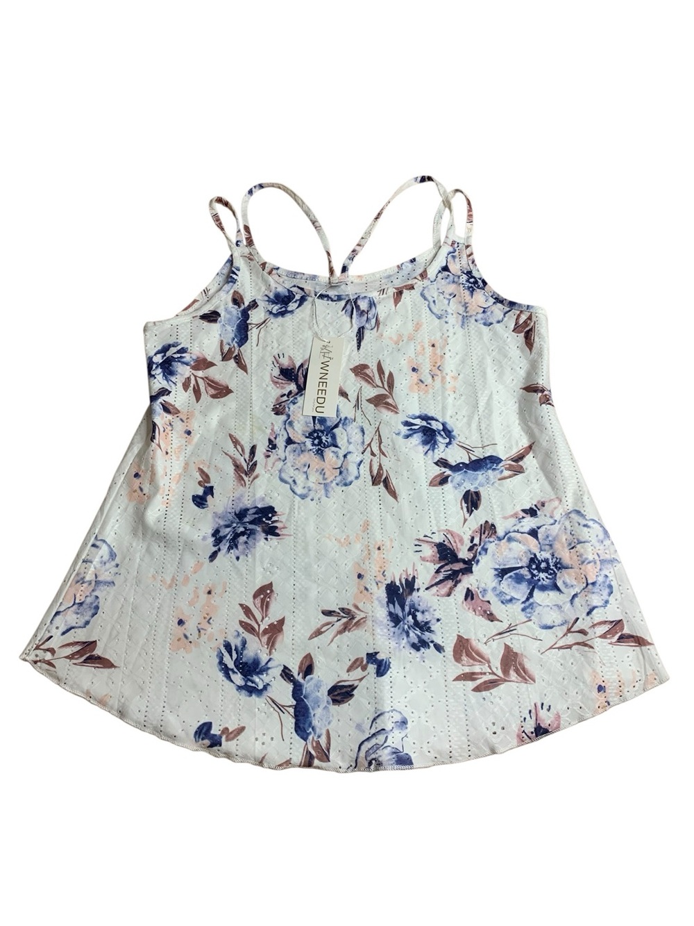 WNEEDU Blue Floral Eyelet Lace Camisole Tank Top - Size S